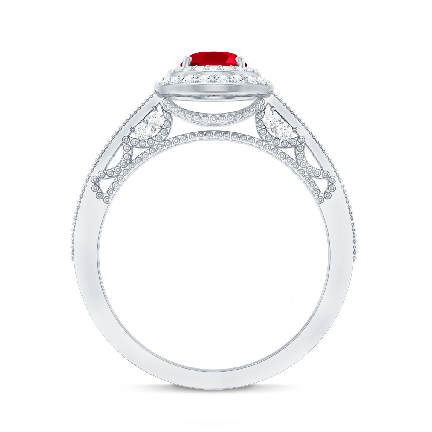 Oval Created Ruby Double Halo Engagement Ring with Diamond