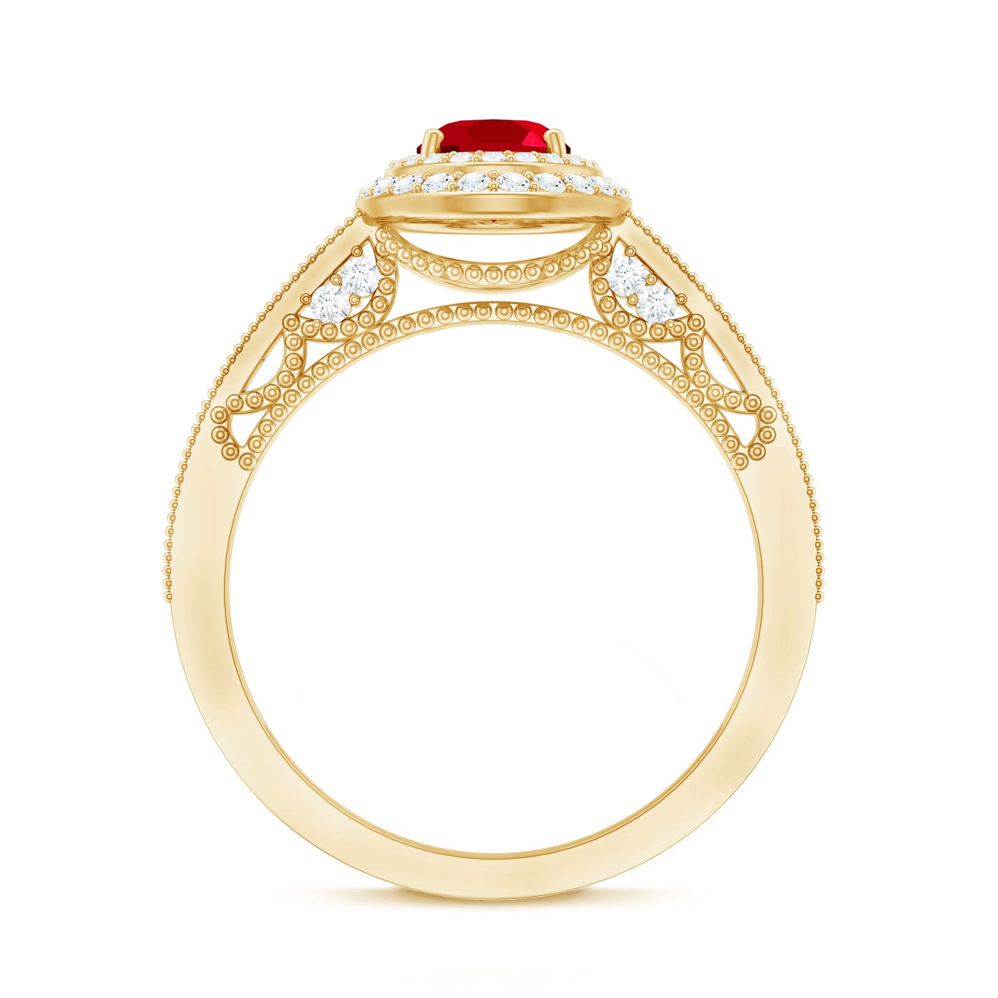 Oval Created Ruby Double Halo Engagement Ring with Diamond