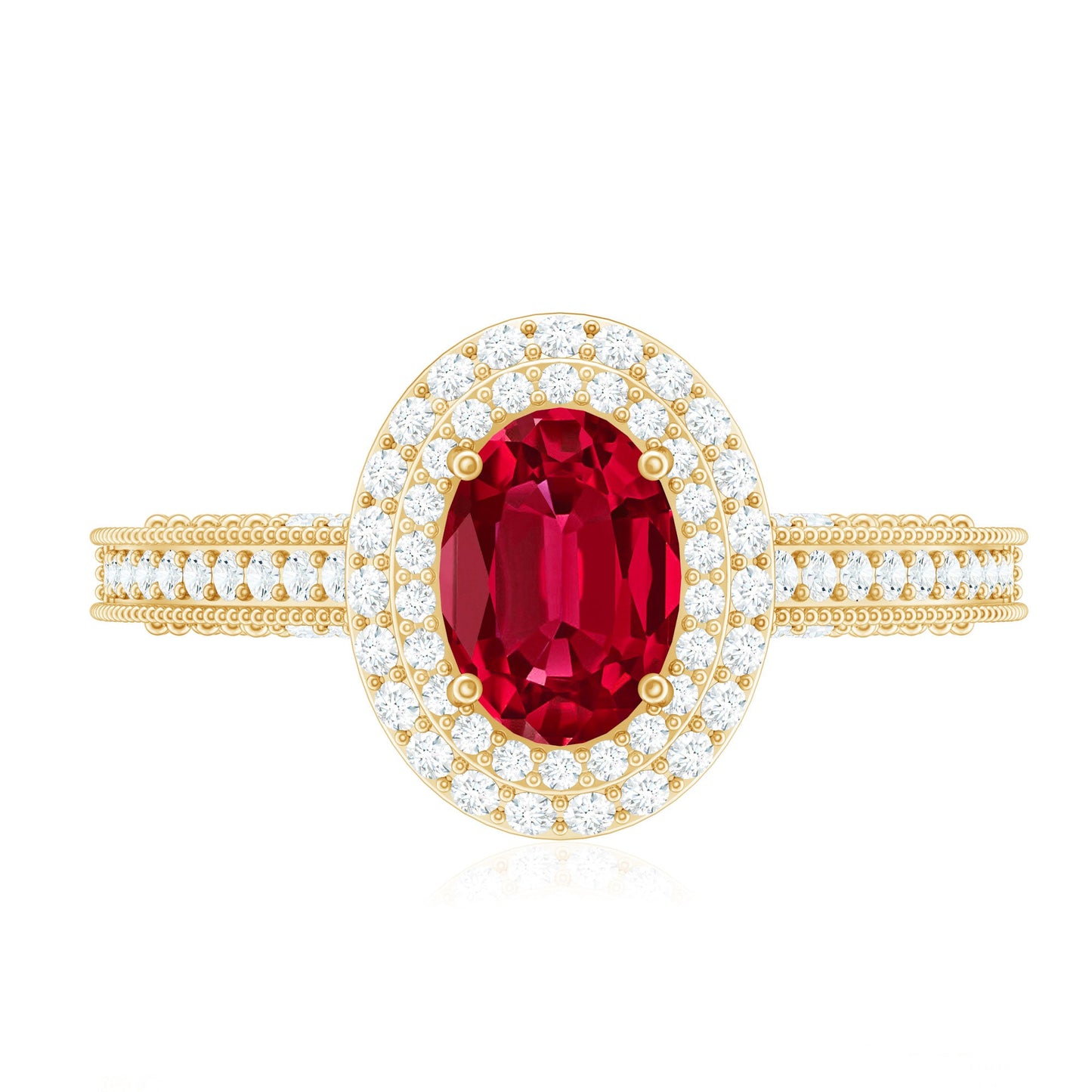 Oval Created Ruby Double Halo Engagement Ring with Diamond