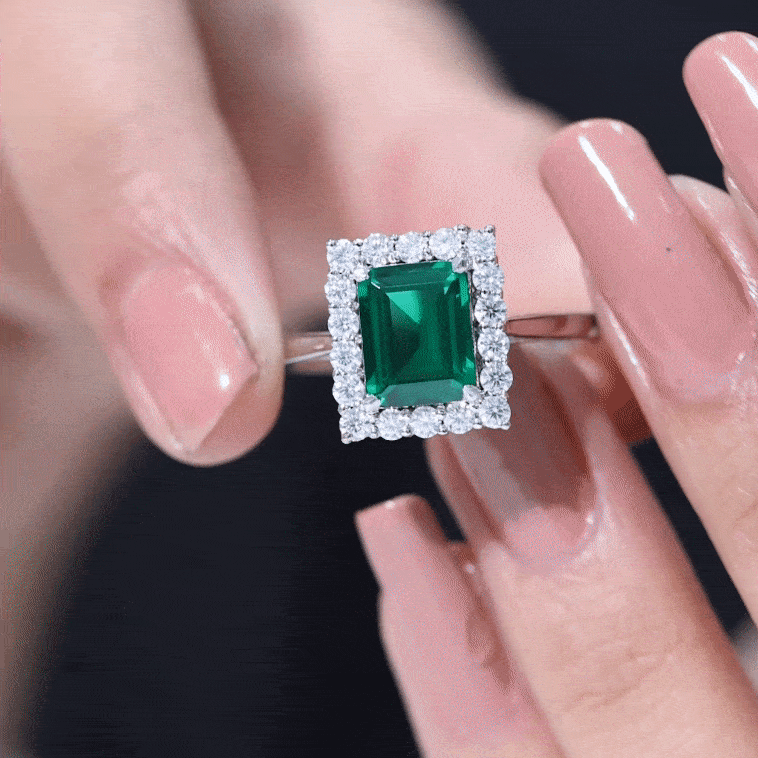 Lab Grown 2 Carat Emerald Cut Emerald Vintage Engagement Ring with Diamond Halo