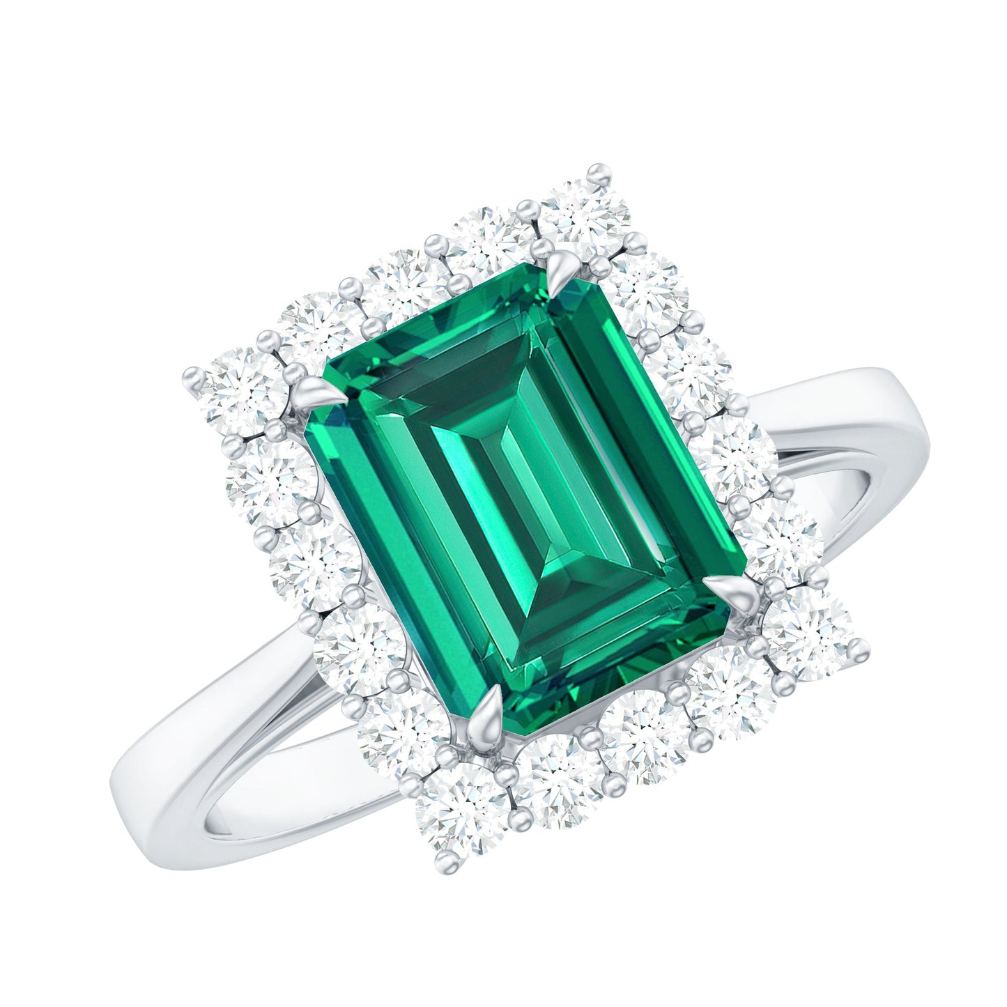Lab Grown 2 Carat Emerald Cut Emerald Vintage Engagement Ring with Diamond Halo
