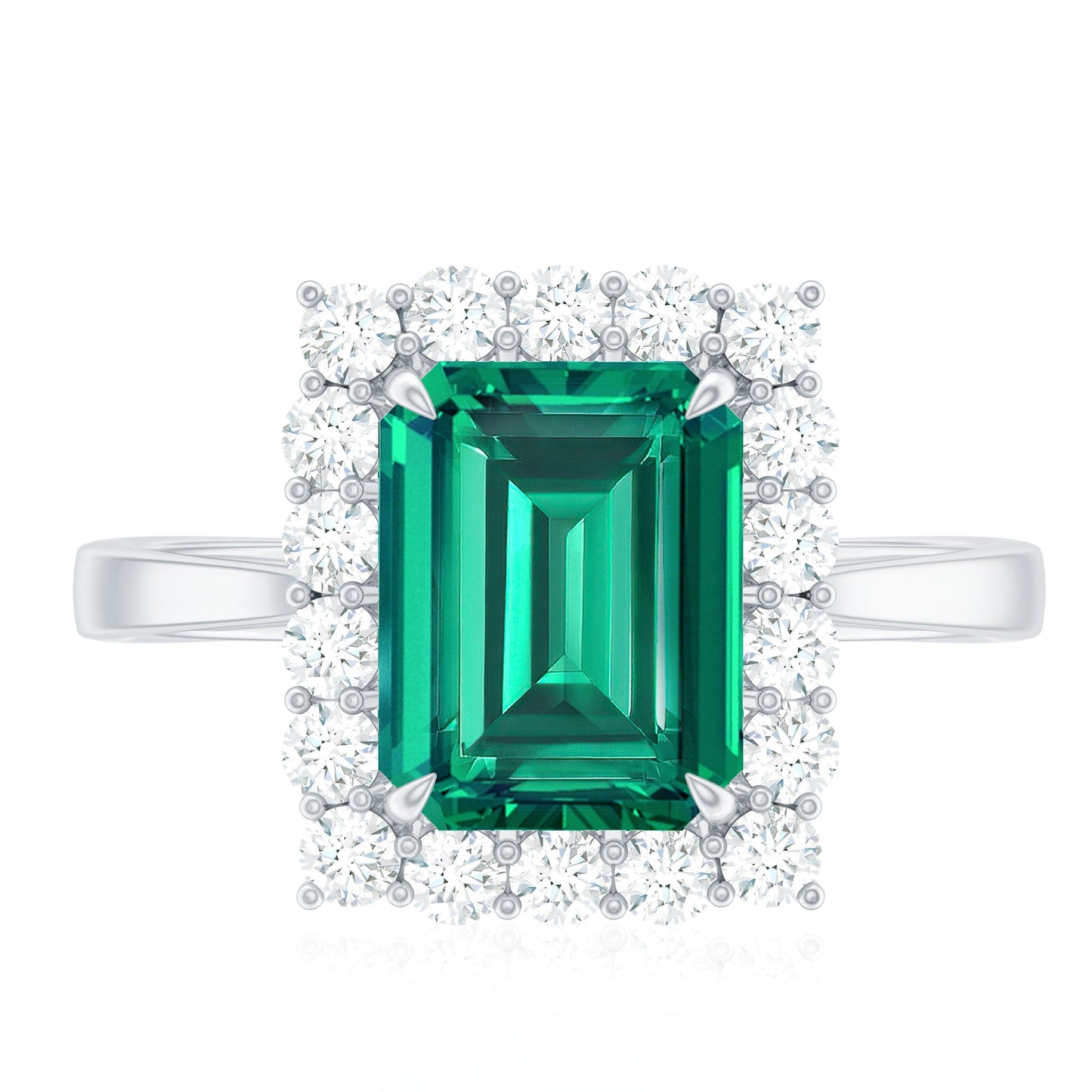 Lab Grown 2 Carat Emerald Cut Emerald Vintage Engagement Ring with Diamond Halo