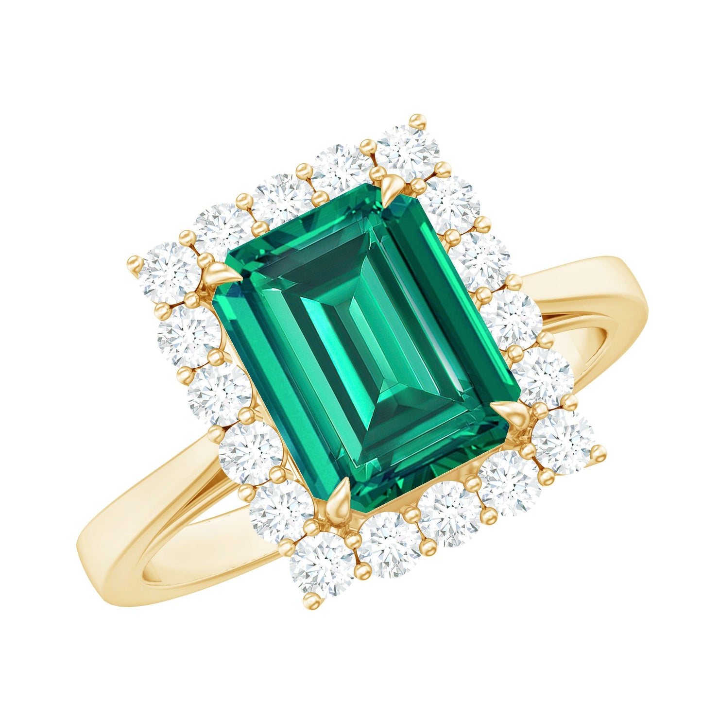 Lab Grown 2 Carat Emerald Cut Emerald Vintage Engagement Ring with Diamond Halo