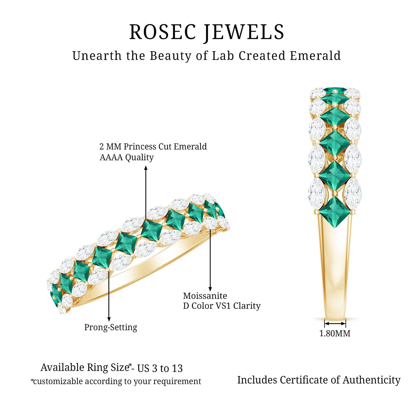 Certified Lab Grown Emerald Half Eternity Wedding Band