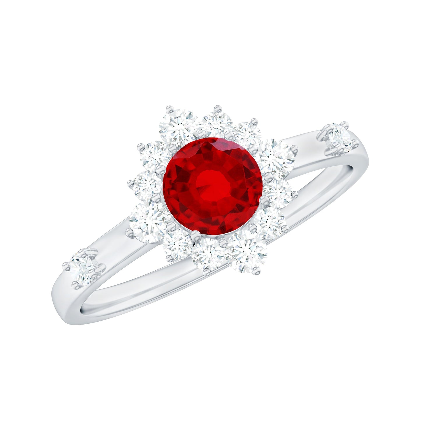 Round Lab Created Ruby Promise Ring with Diamond Halo