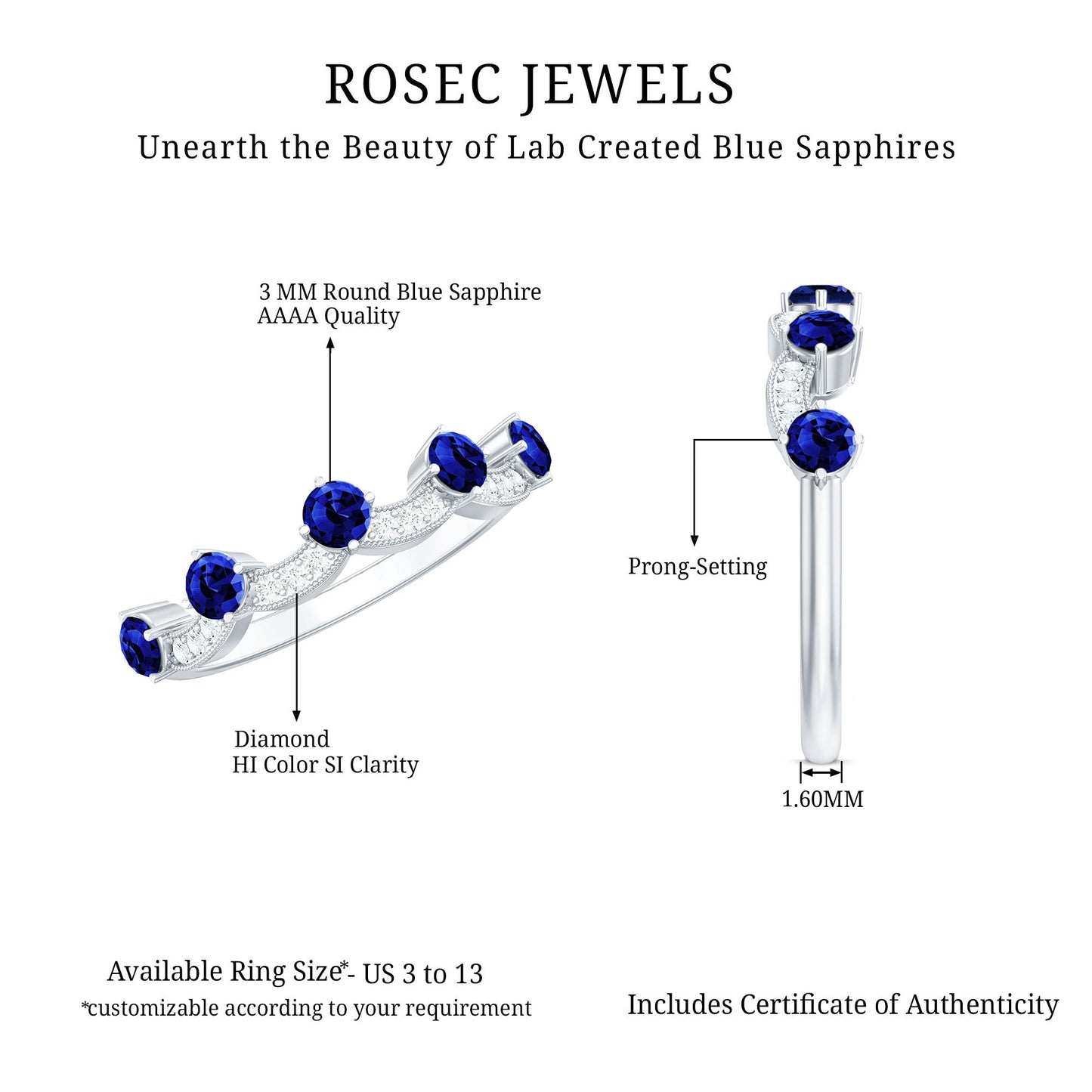 Certified Lab Grown Blue Sapphire Diamond Half Eternity Ring for Anniversary