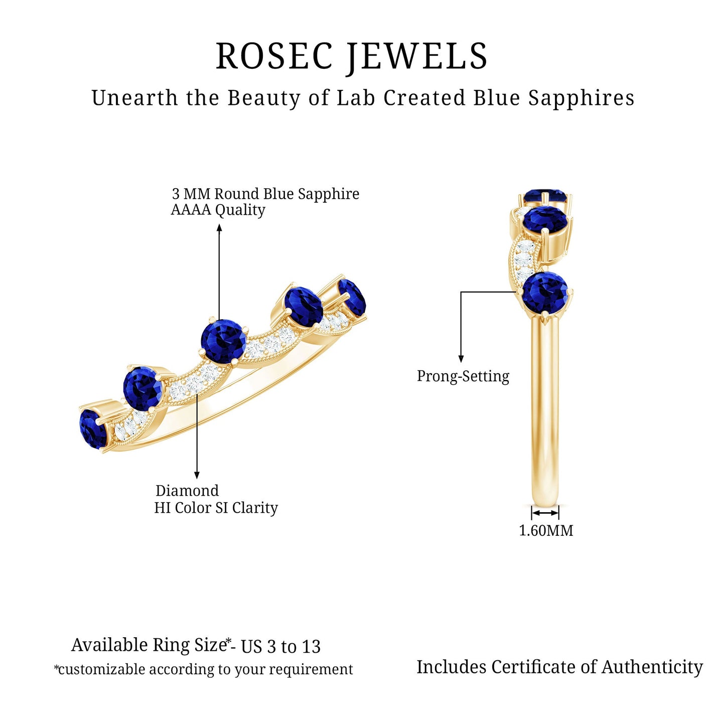 Certified Lab Grown Blue Sapphire Diamond Half Eternity Ring for Anniversary