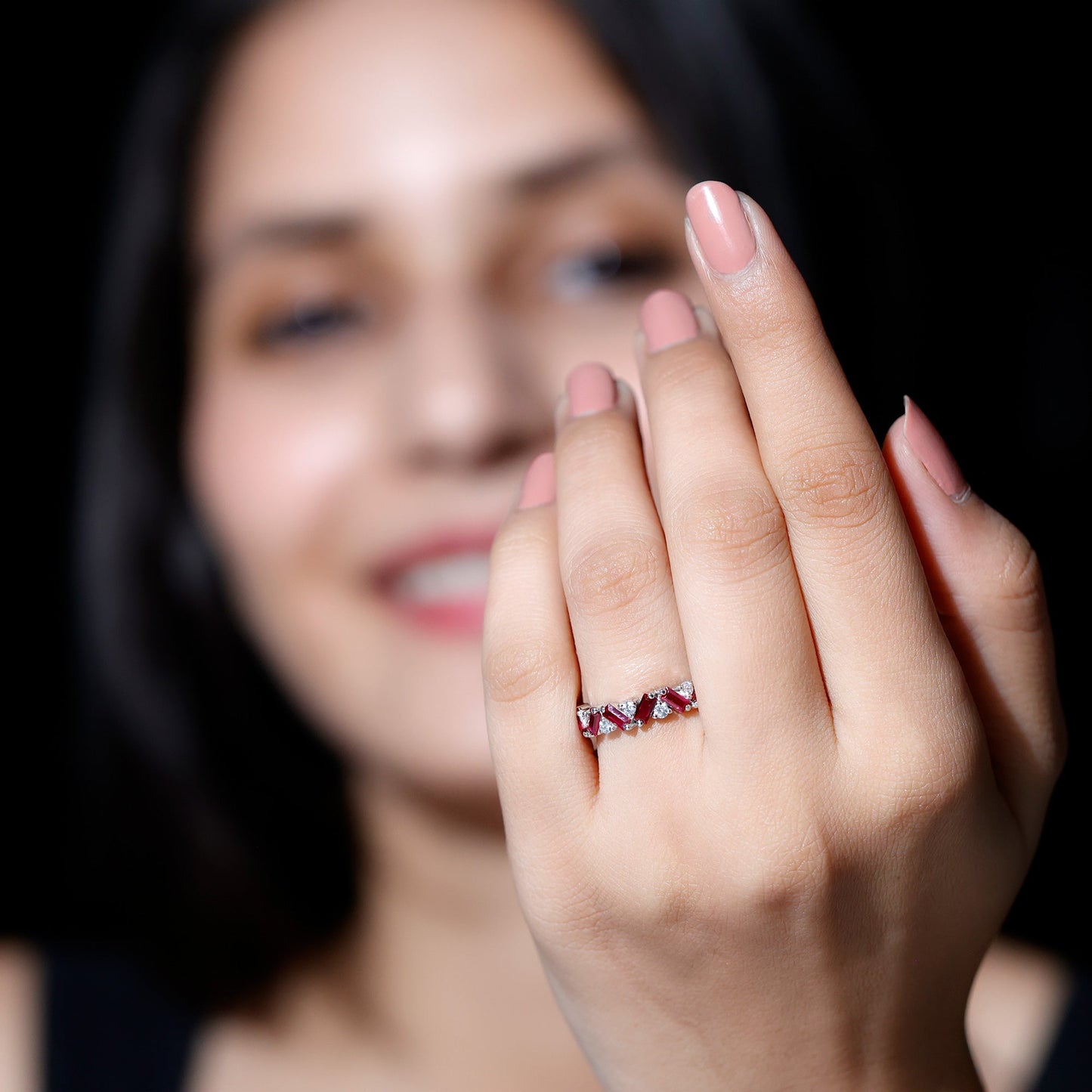 Baguette Shape Lab Grown Ruby Half Eternity Band with Diamond
