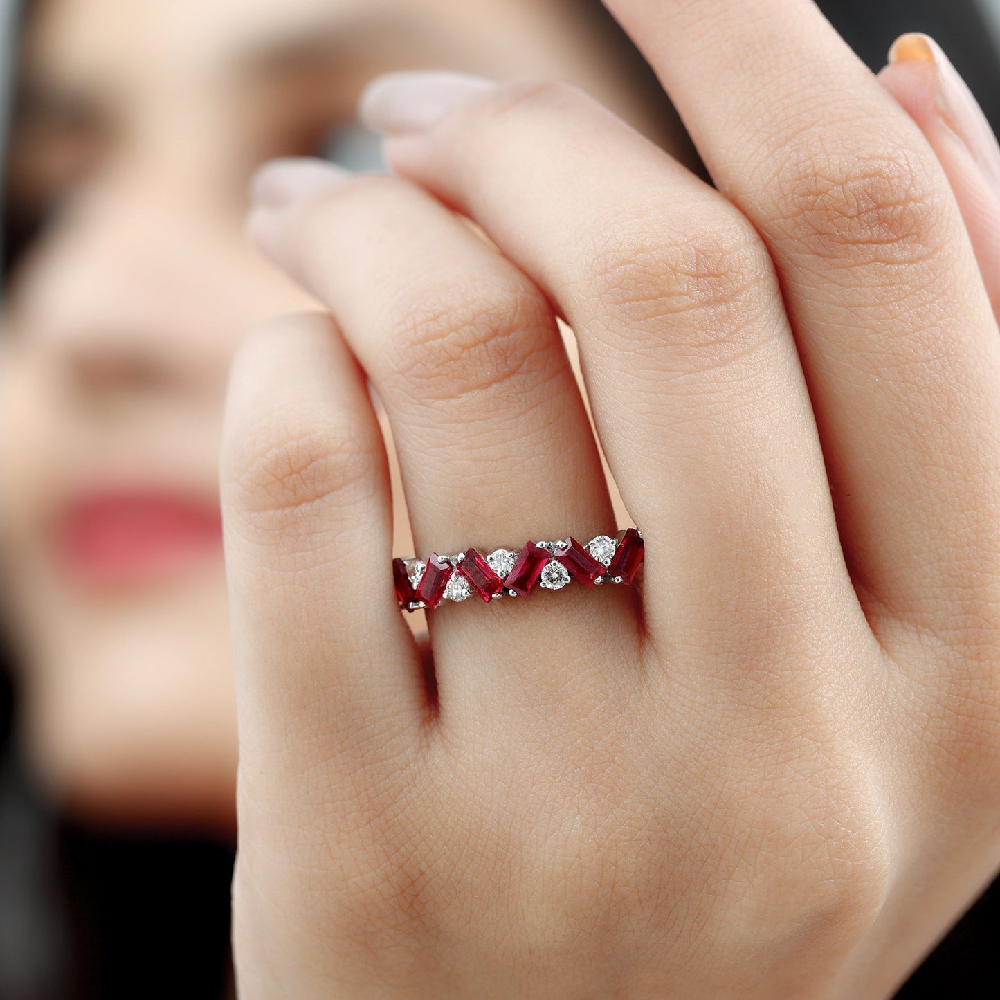 Baguette Shape Lab Grown Ruby Half Eternity Band with Diamond