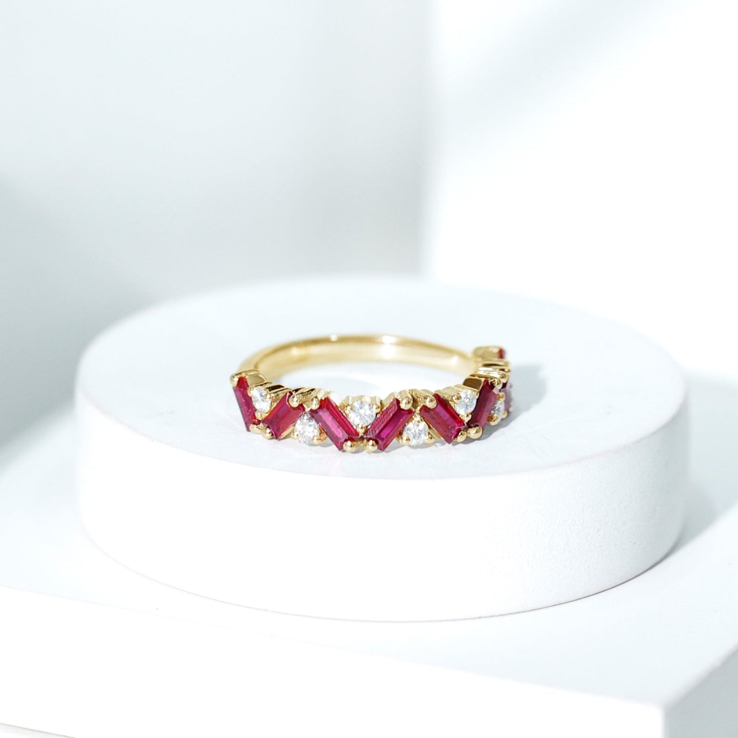 Baguette Shape Lab Grown Ruby Half Eternity Band with Diamond