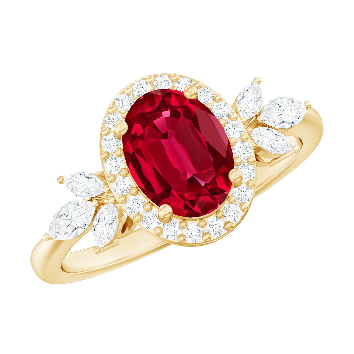 Oval Shaped Lab Created Ruby Nature Engagement Ring with Diamond Accent