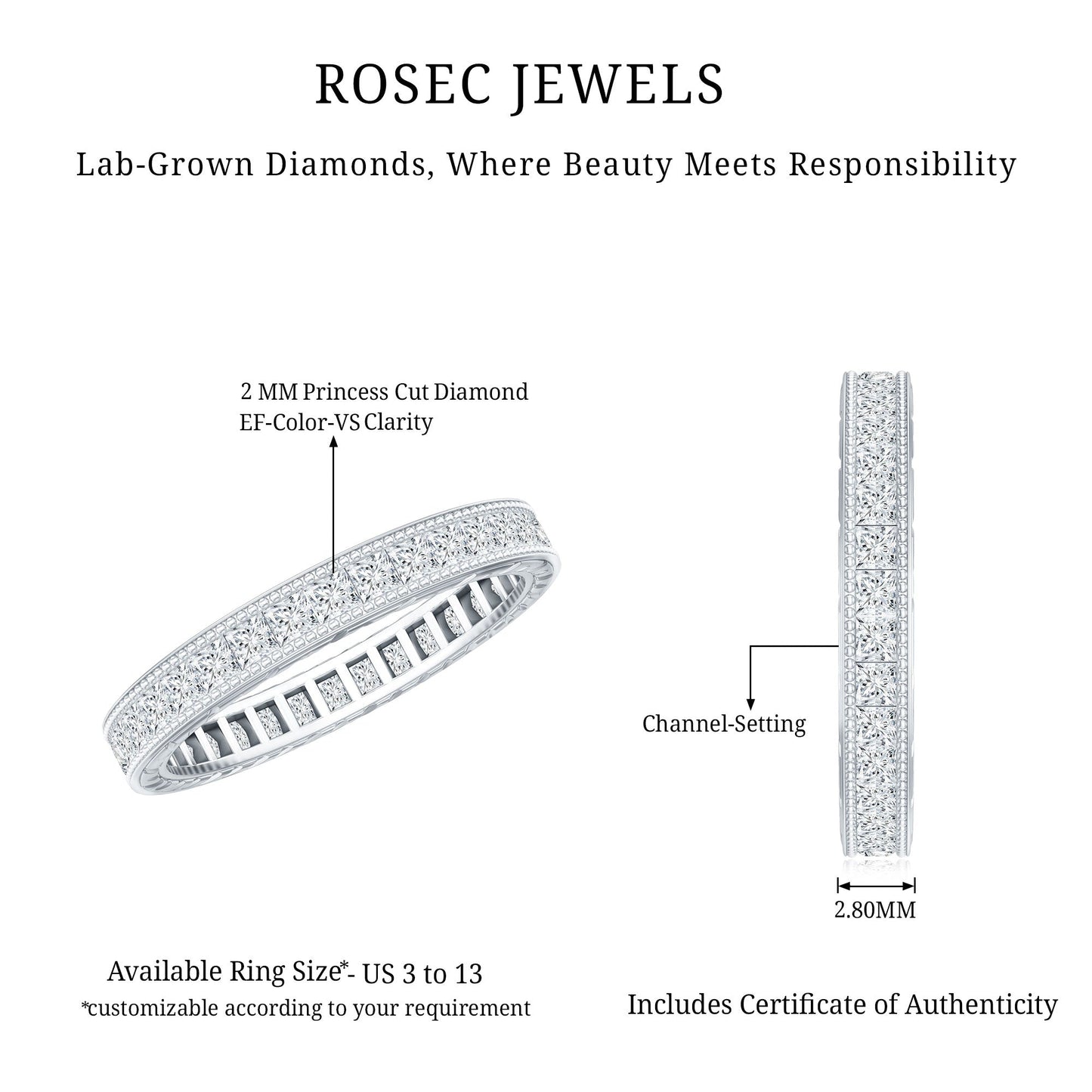Certified Princess Cut Lab Grown Diamond Eternity Wedding Band