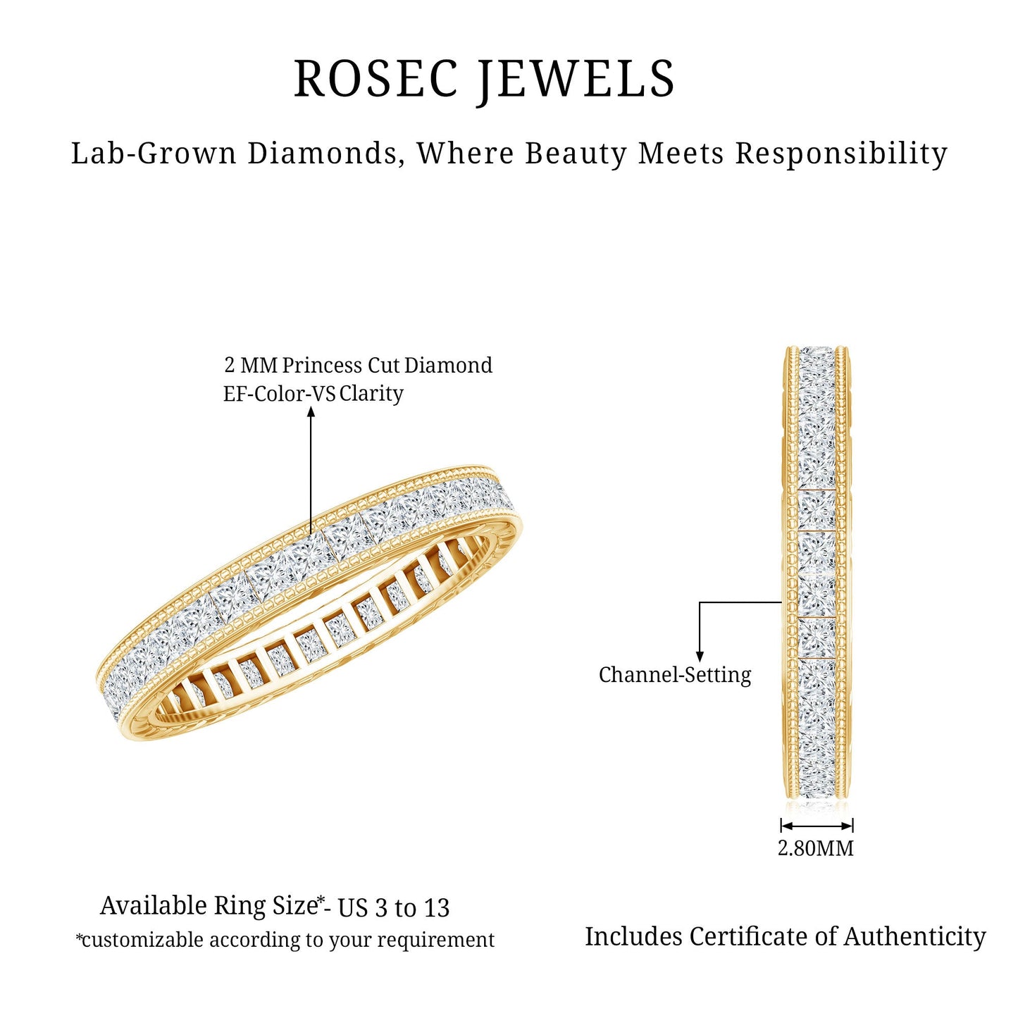 Certified Princess Cut Lab Grown Diamond Eternity Wedding Band