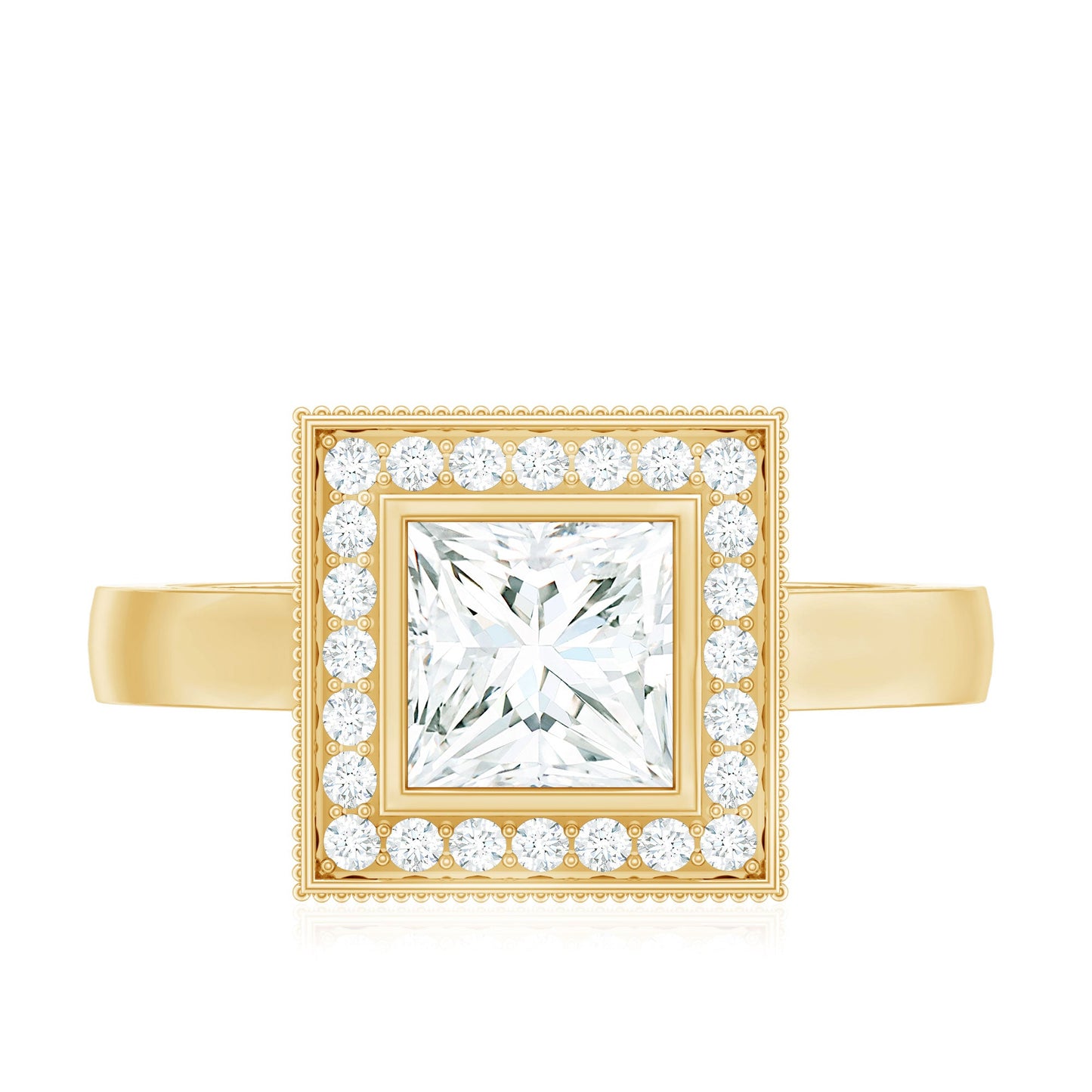 Princess Cut Moissanite Halo Engagement Ring with Milgrain Detail