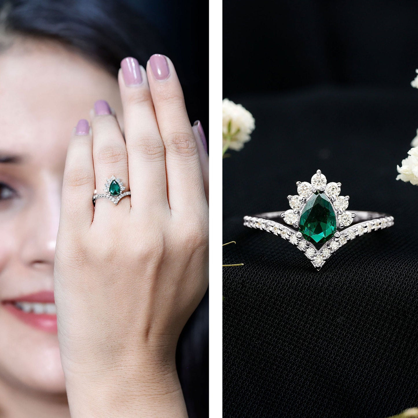 Lab Grown Emerald and Diamond Designer Engagement Ring