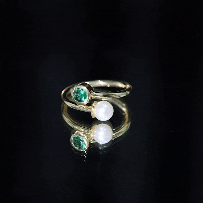 Natural Freshwater Pearl Toi Et Moi Promise Ring with Lab Emerald