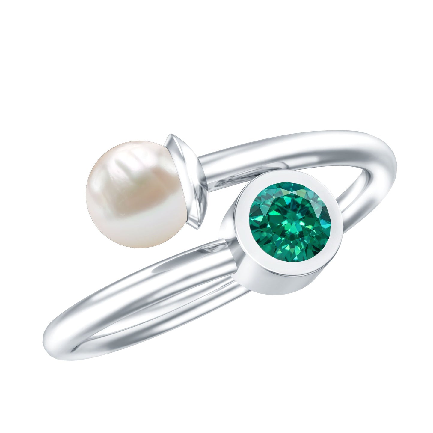 Natural Freshwater Pearl Toi Et Moi Promise Ring with Lab Emerald
