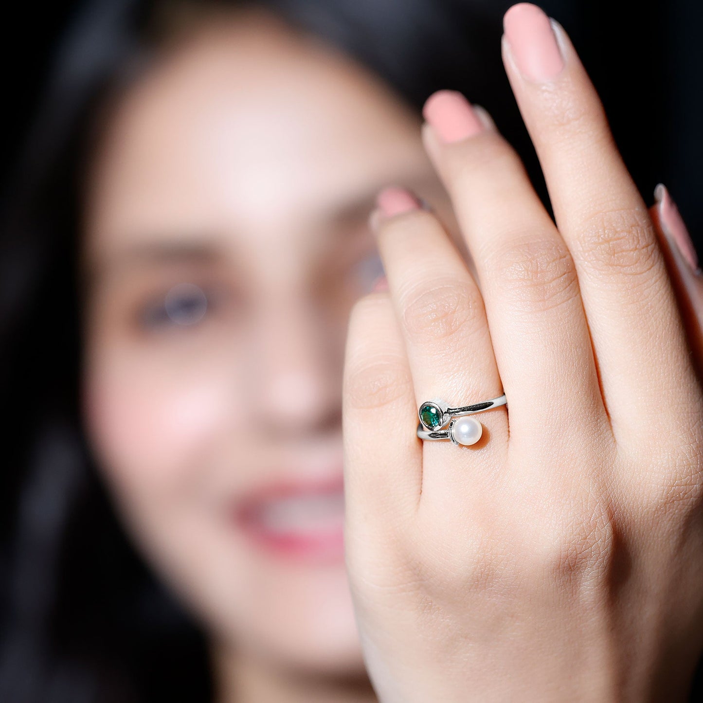 Natural Freshwater Pearl Toi Et Moi Promise Ring with Lab Emerald