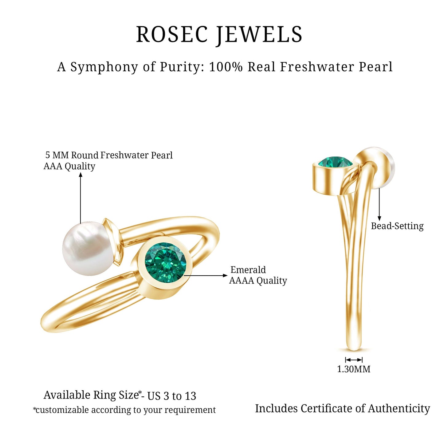 Natural Freshwater Pearl Toi Et Moi Promise Ring with Lab Emerald