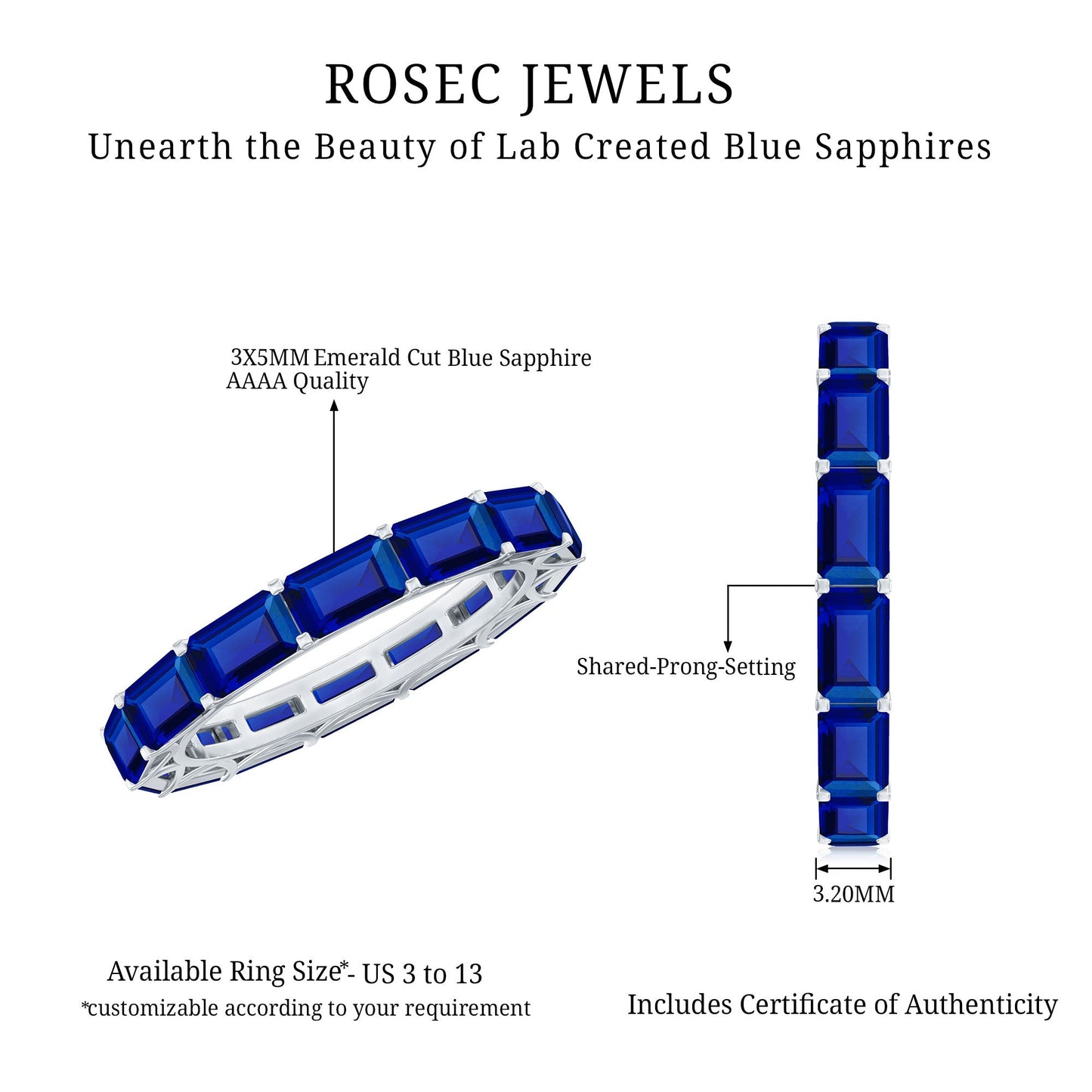 Certified Emerald Cut Lab Grown Blue Sapphire Eternity Band Ring in East West Style