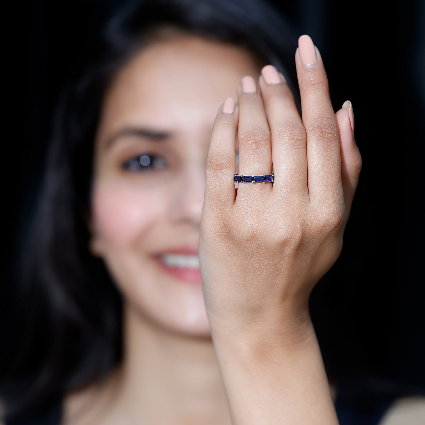 Certified Emerald Cut Lab Grown Blue Sapphire Eternity Band Ring in East West Style