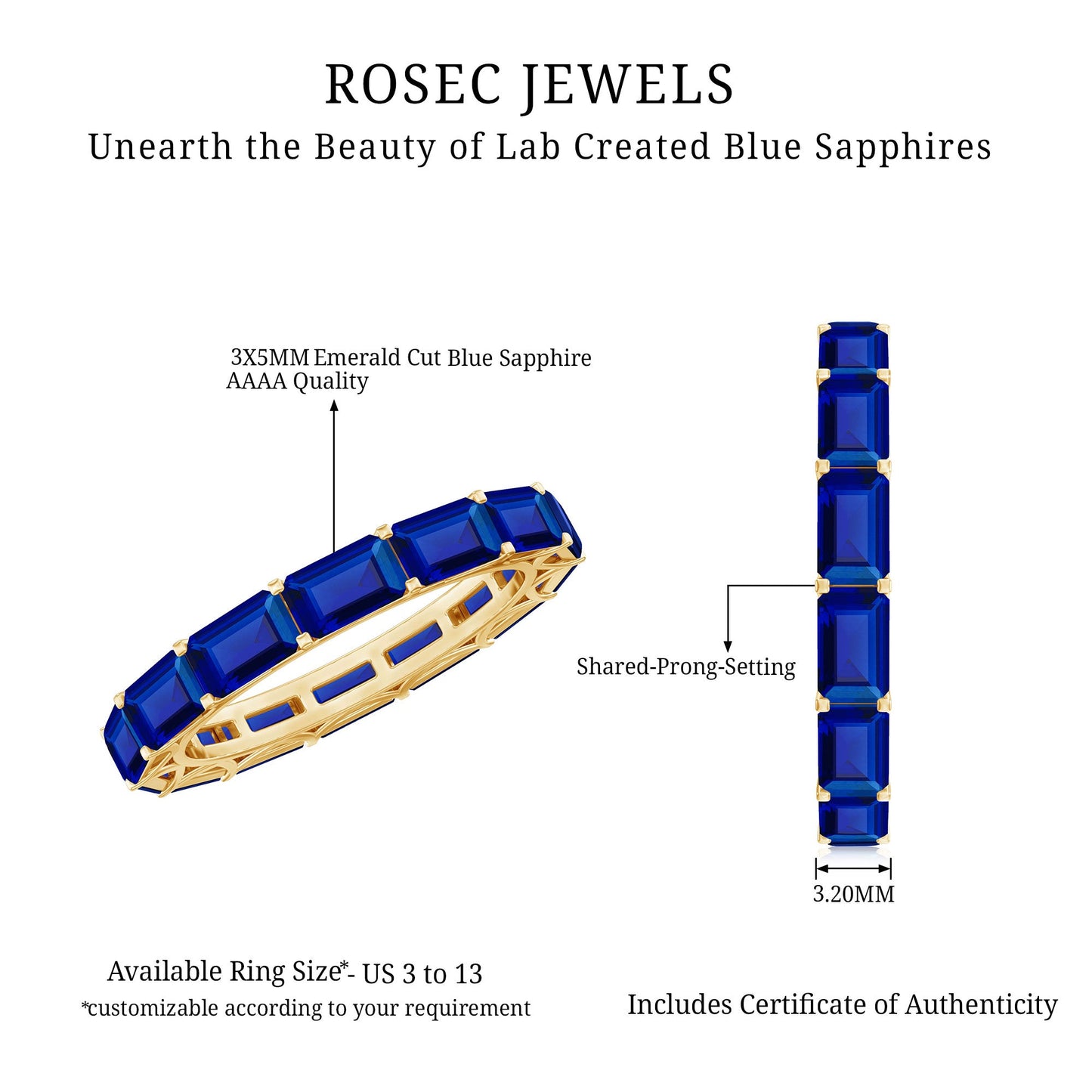 Certified Emerald Cut Lab Grown Blue Sapphire Eternity Band Ring in East West Style
