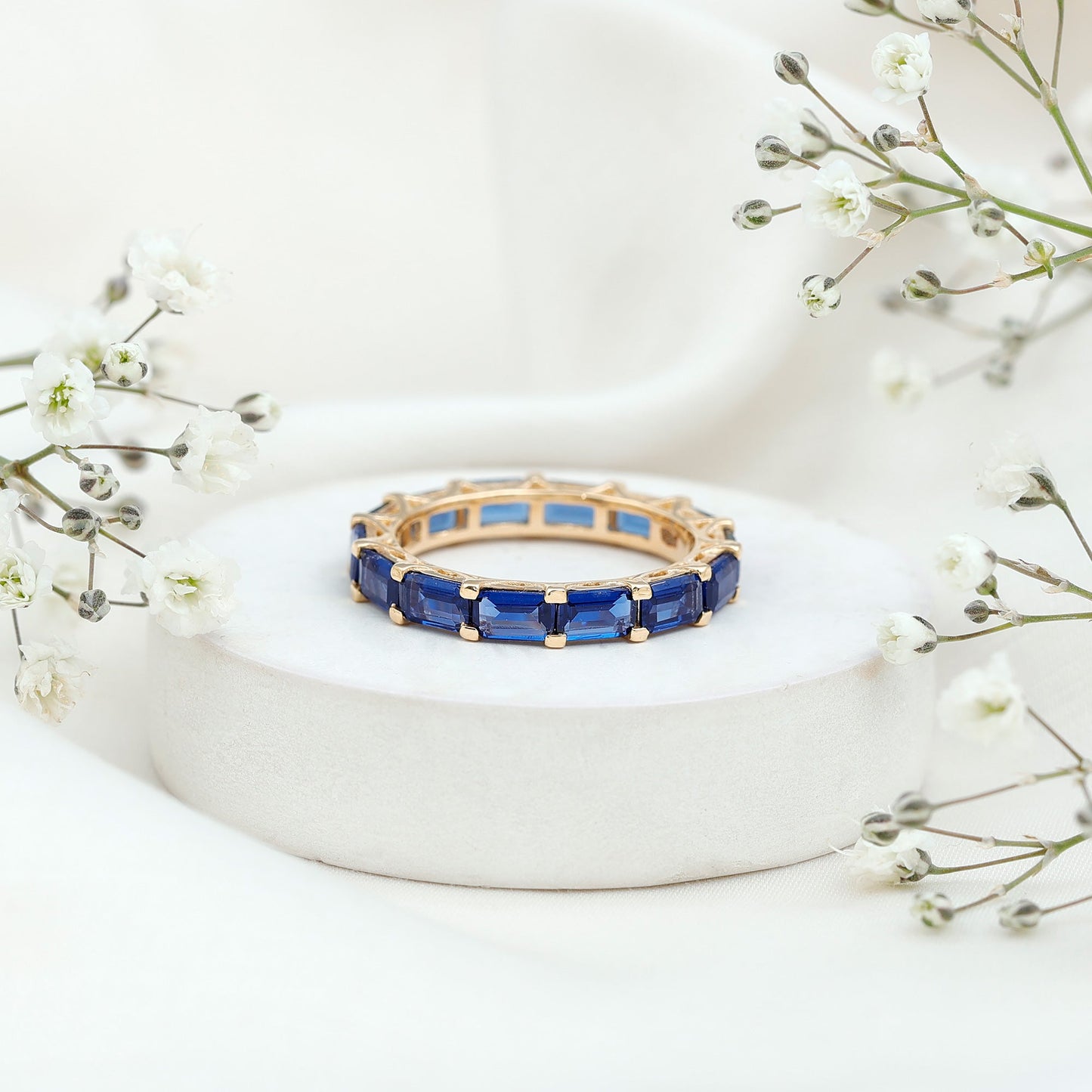 Certified Emerald Cut Lab Grown Blue Sapphire Eternity Band Ring in East West Style