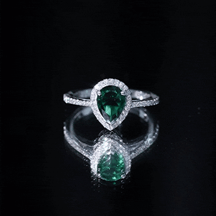 Certified Lab Grown Emerald Teardrop Engagement Ring with Diamond Halo