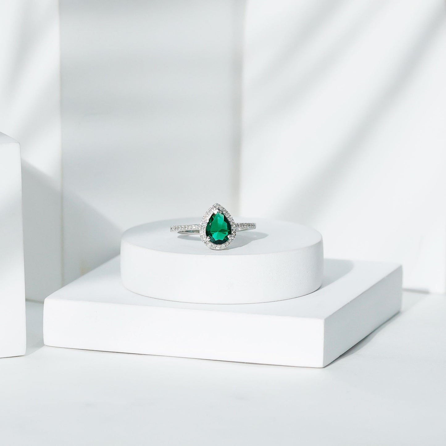 Certified Lab Grown Emerald Teardrop Engagement Ring with Diamond Halo