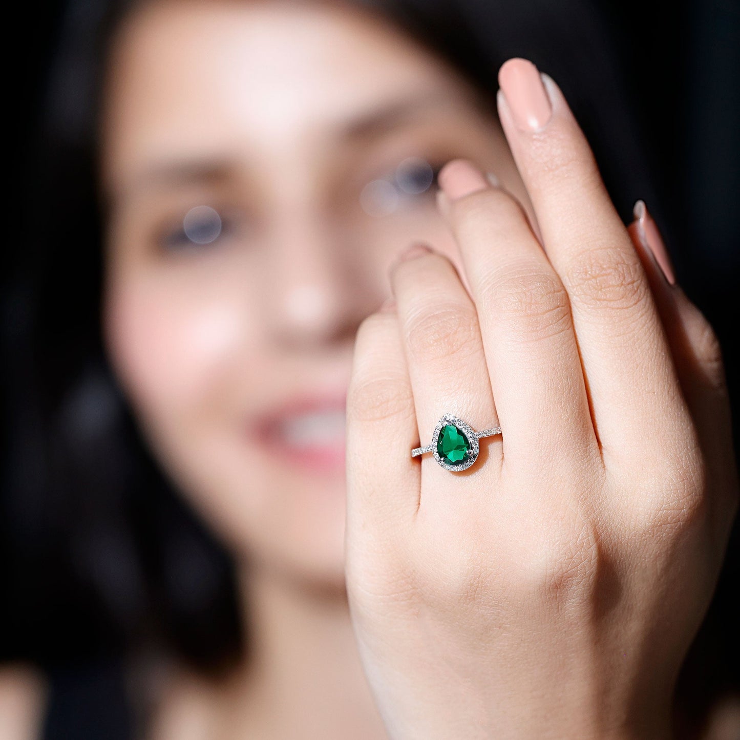 Certified Lab Grown Emerald Teardrop Engagement Ring with Diamond Halo