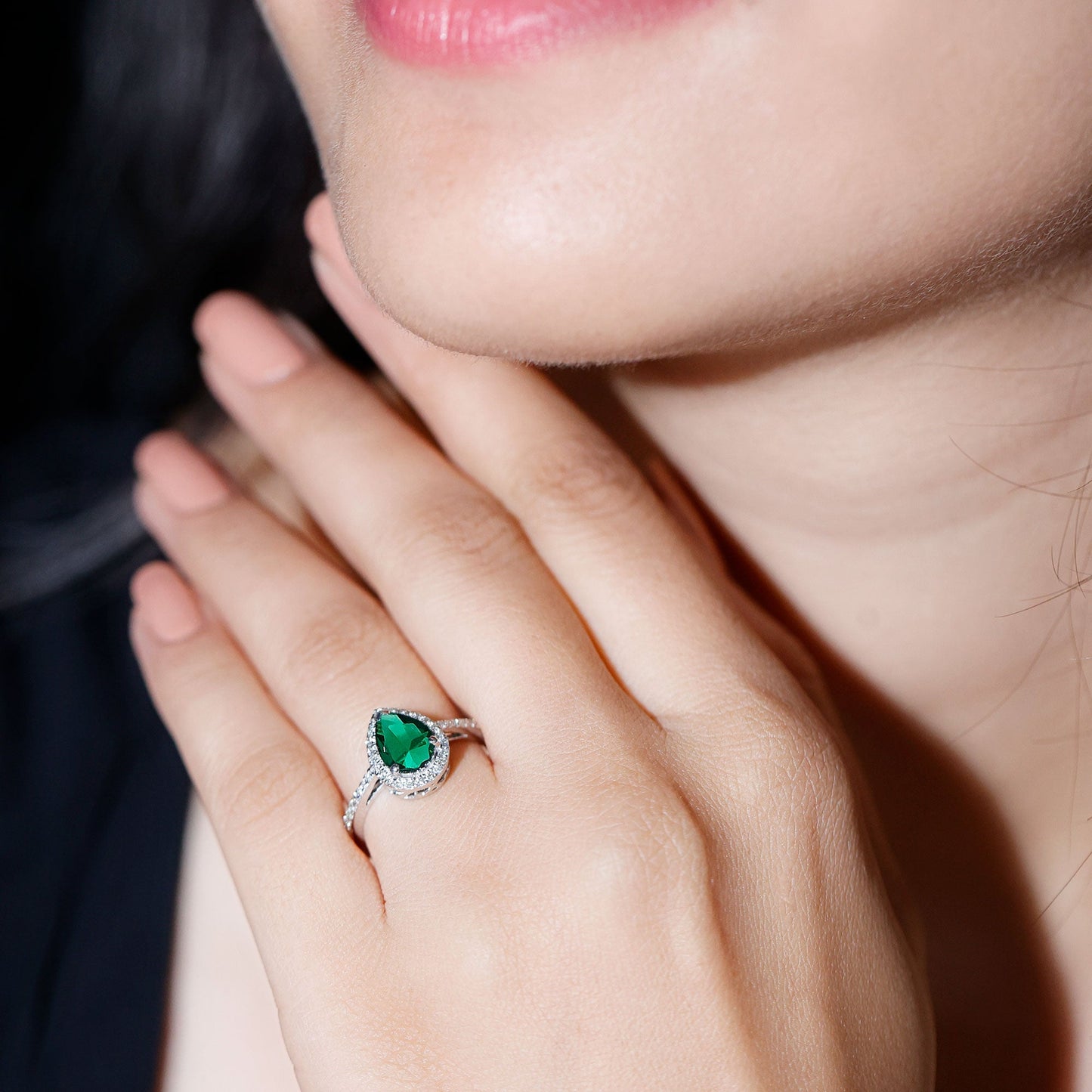 Certified Lab Grown Emerald Teardrop Engagement Ring with Diamond Halo