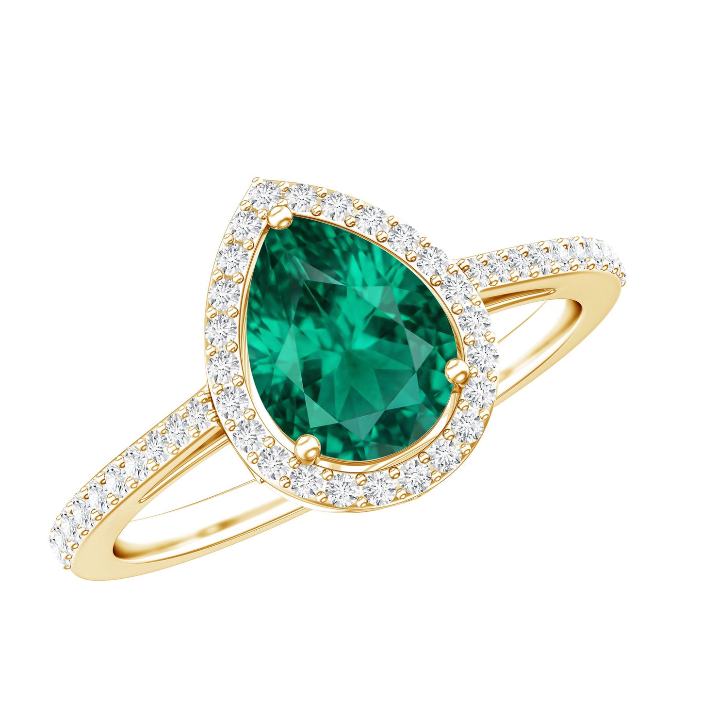 Certified Lab Grown Emerald Teardrop Engagement Ring with Diamond Halo