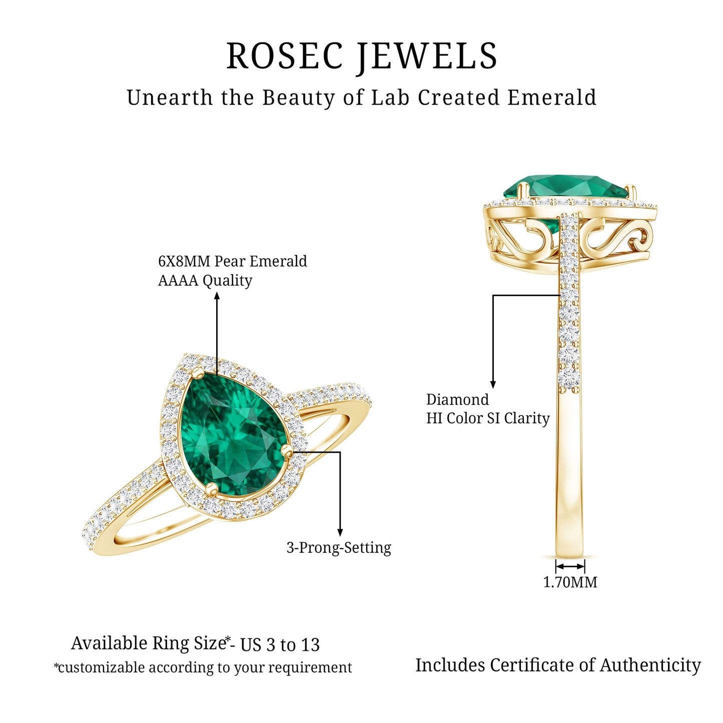 Certified Lab Grown Emerald Teardrop Engagement Ring with Diamond Halo