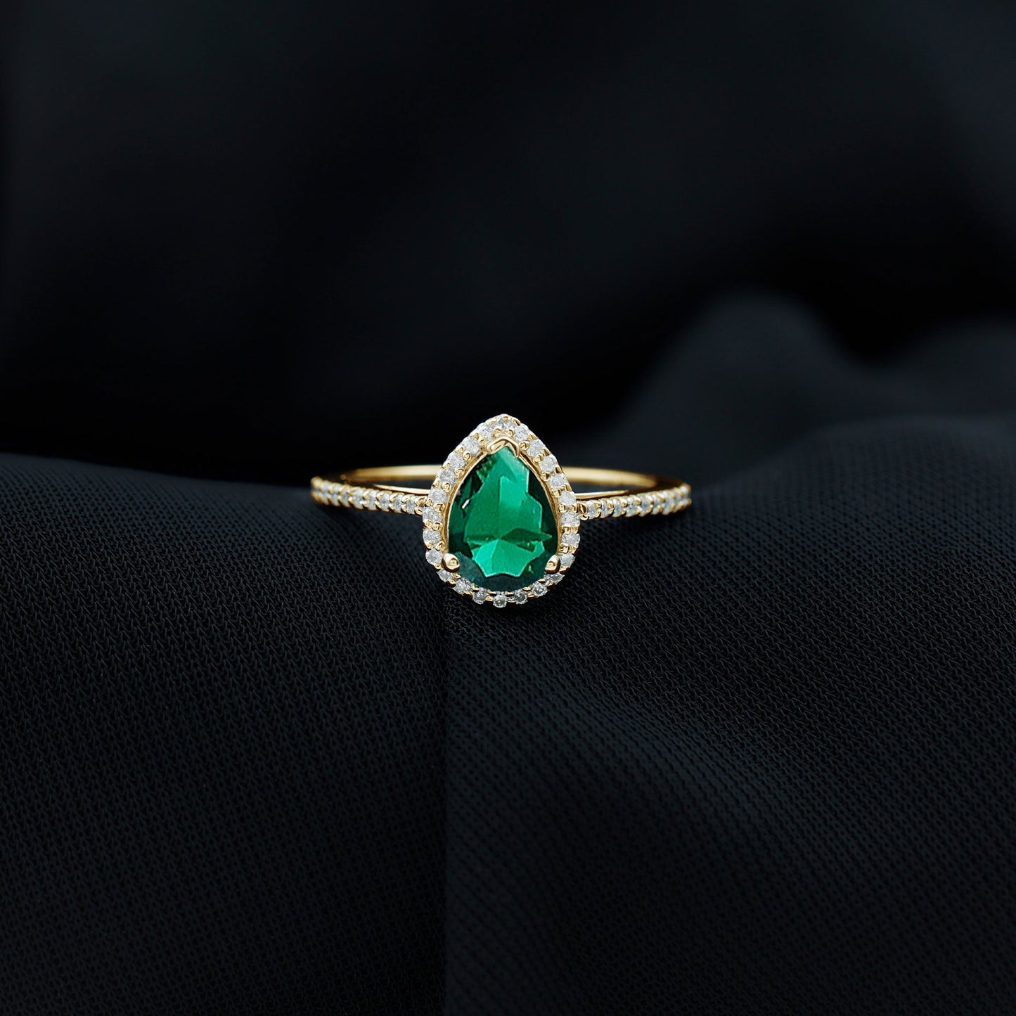 Certified Lab Grown Emerald Teardrop Engagement Ring with Diamond Halo