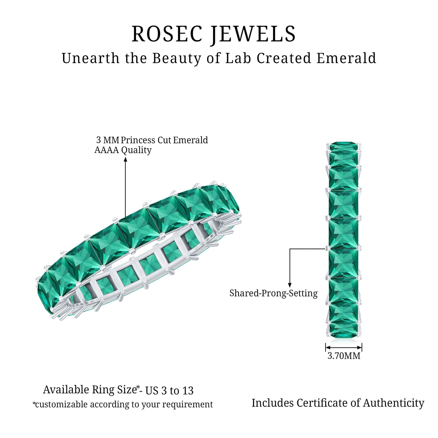 Certified Princess Cut Lab Grown Emerald Wedding Band