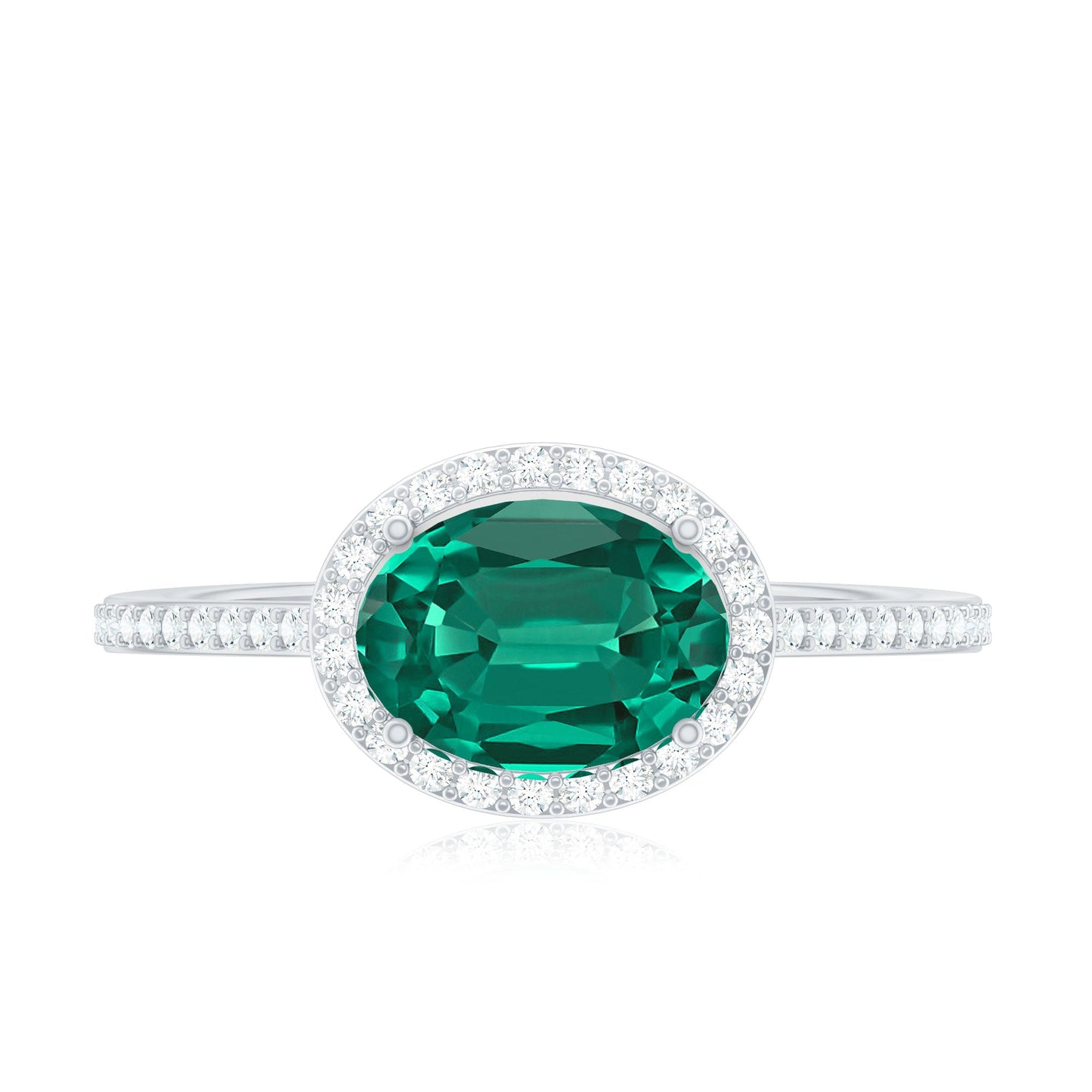 Certified Oval Lab Grown Emerald East West Engagement Ring with Diamond Halo
