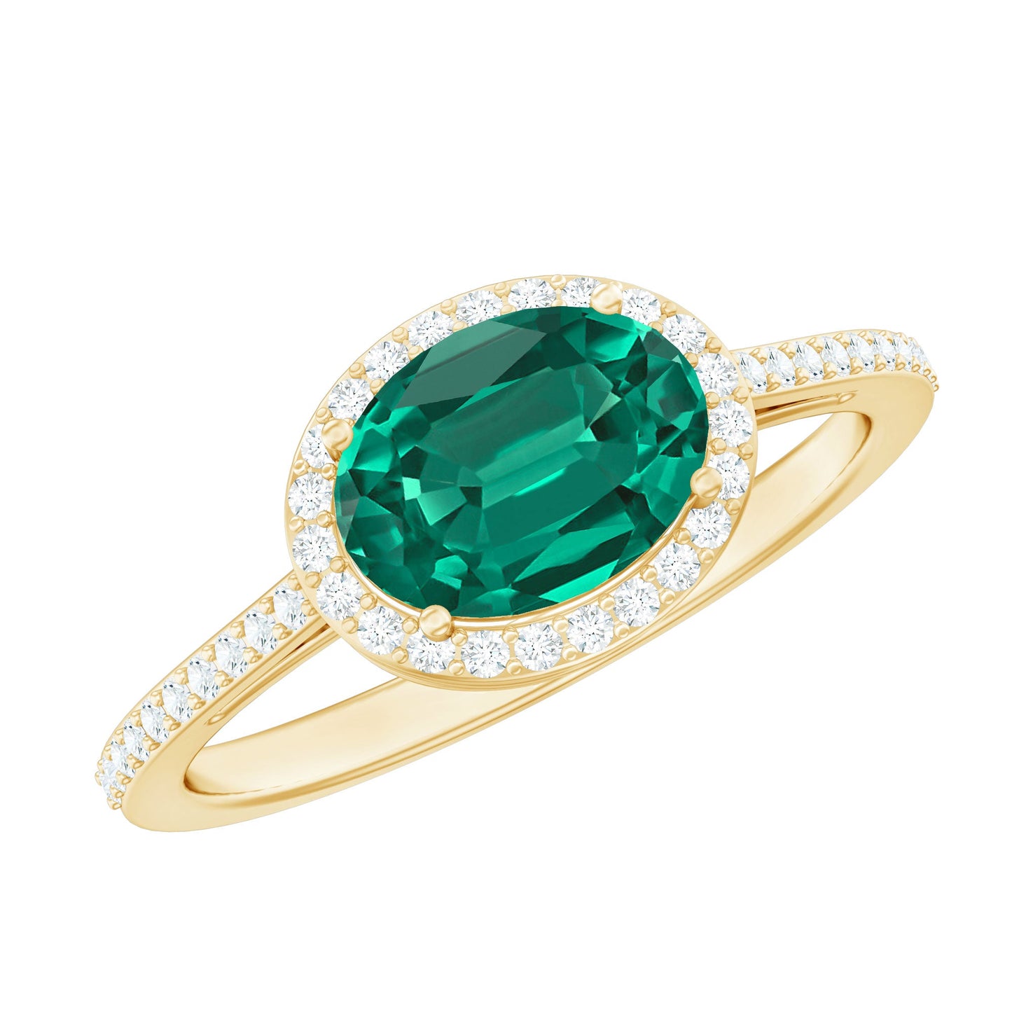 Certified Oval Lab Grown Emerald East West Engagement Ring with Diamond Halo