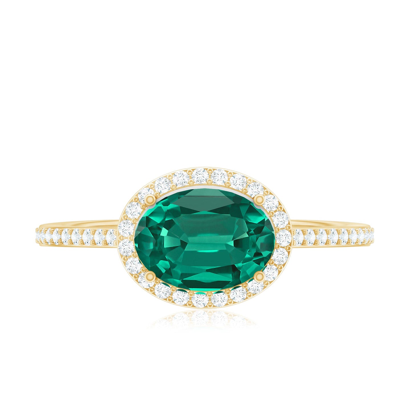 Certified Oval Lab Grown Emerald East West Engagement Ring with Diamond Halo