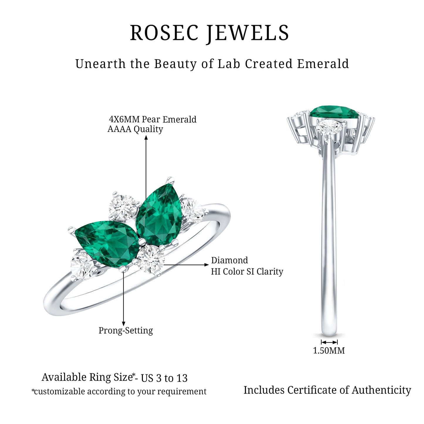Designer Pear Shape Lab Grown Emerald Toi Et Moi Engagement Ring with Diamond