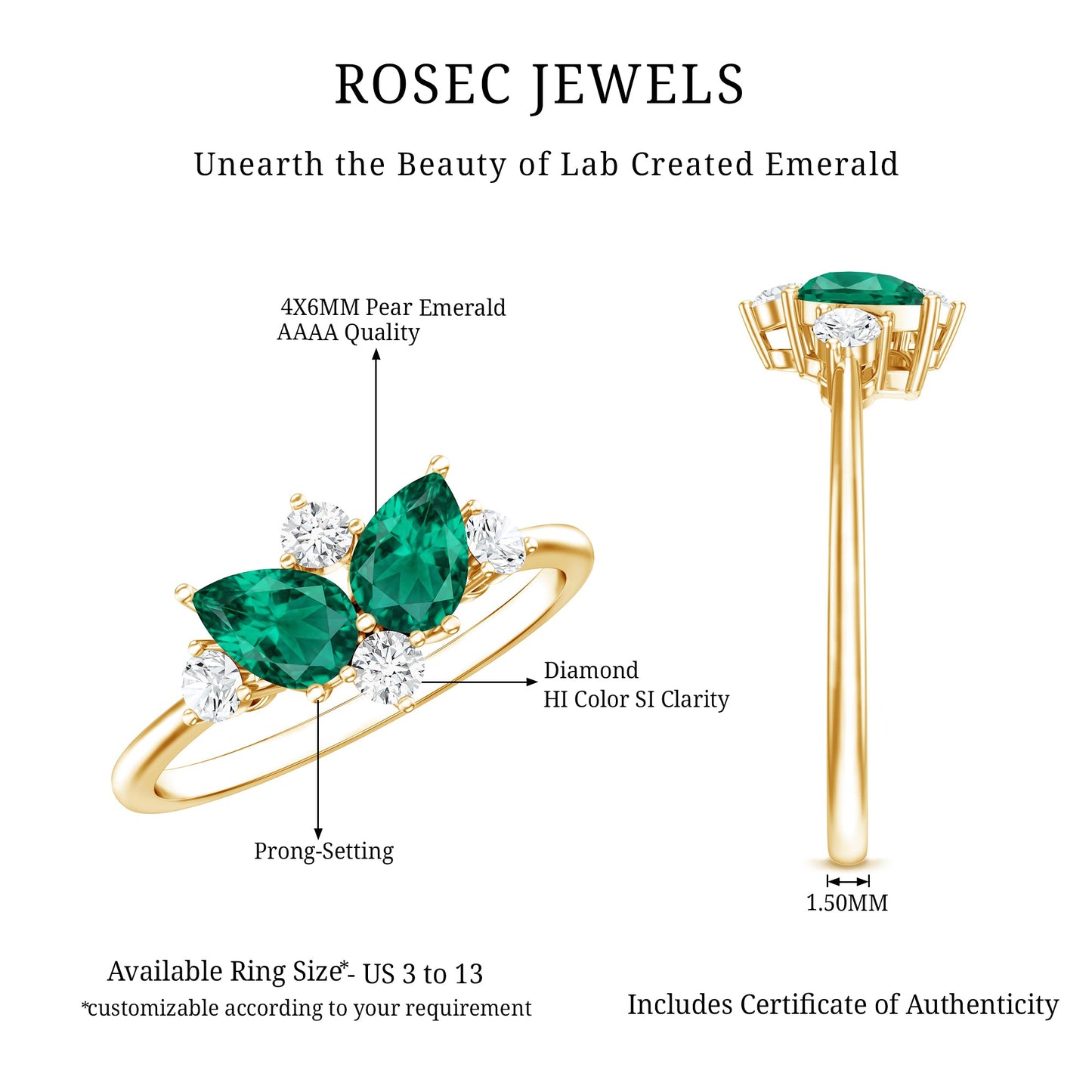Designer Pear Shape Lab Grown Emerald Toi Et Moi Engagement Ring with Diamond