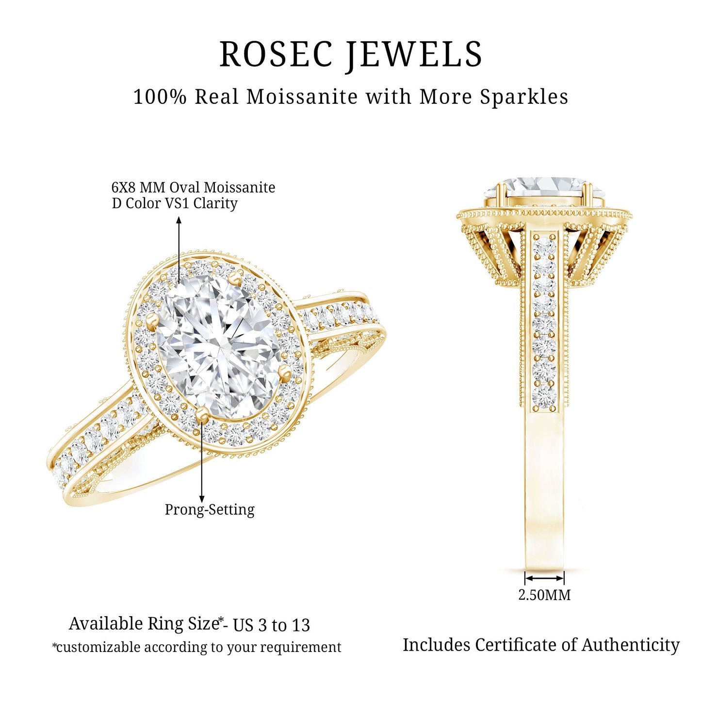 6X8 MM Oval Moissanite Victorian Engagement Ring with Halo