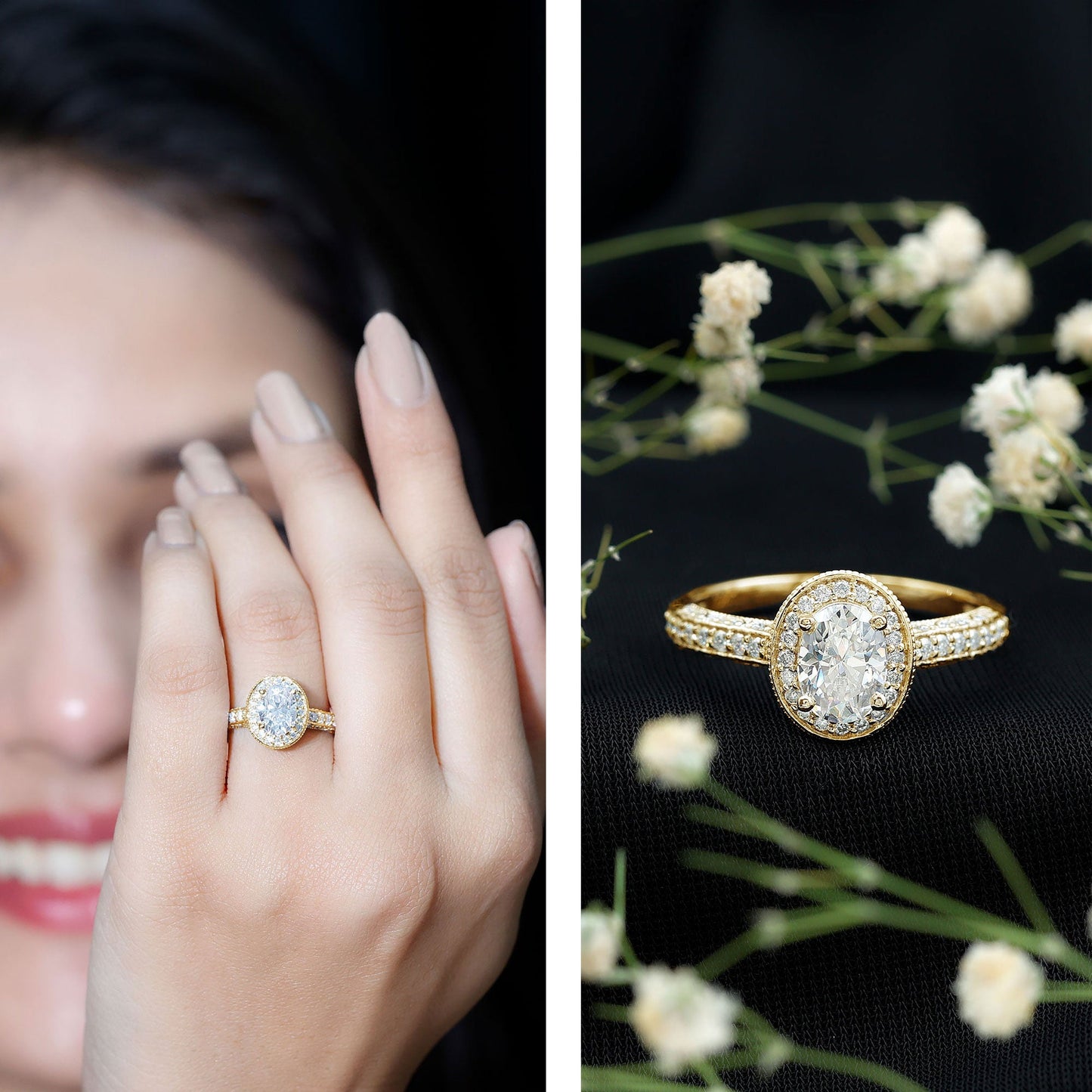 6X8 MM Oval Moissanite Victorian Engagement Ring with Halo