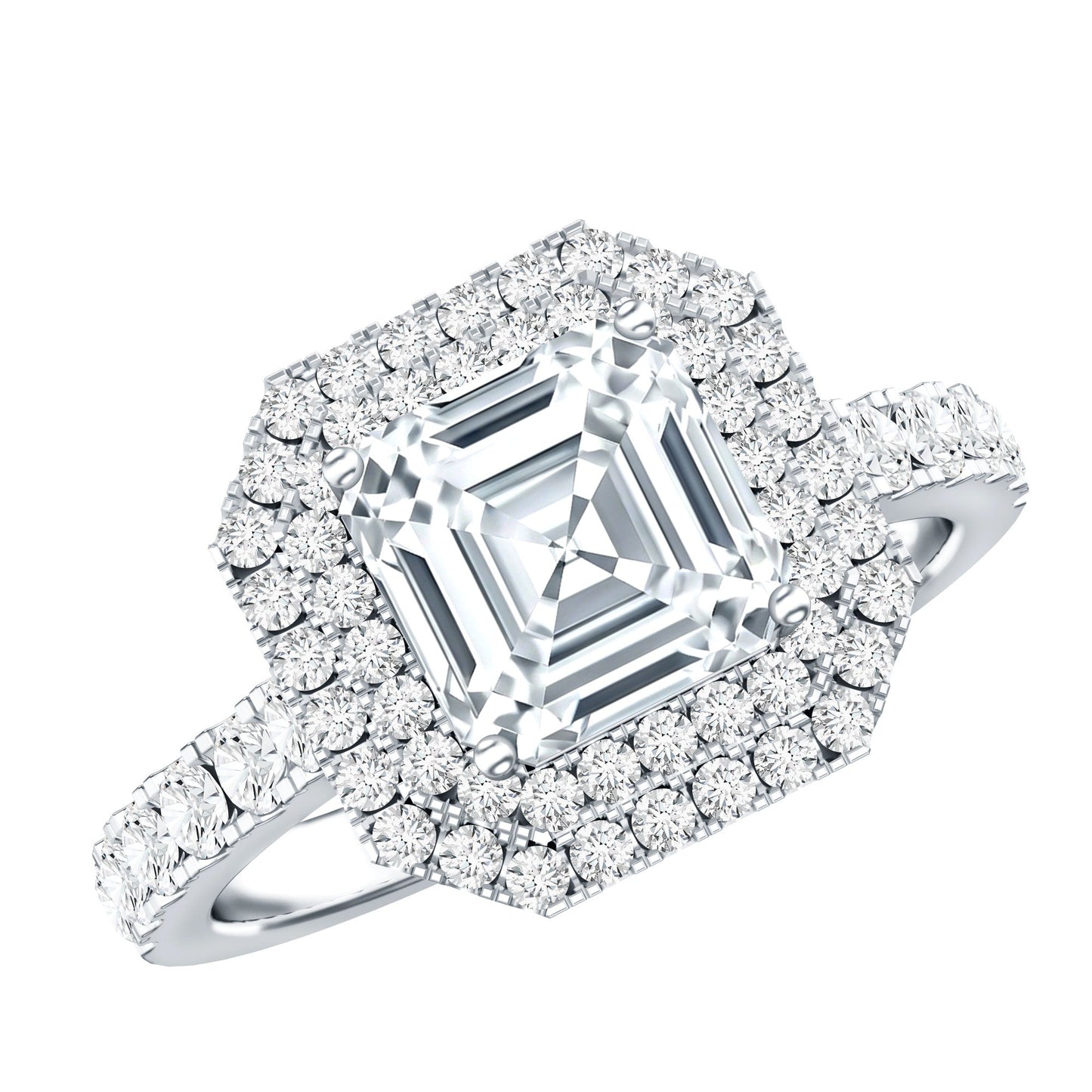 Certified Asscher Cut Moissanite Double Halo Engagement Ring
