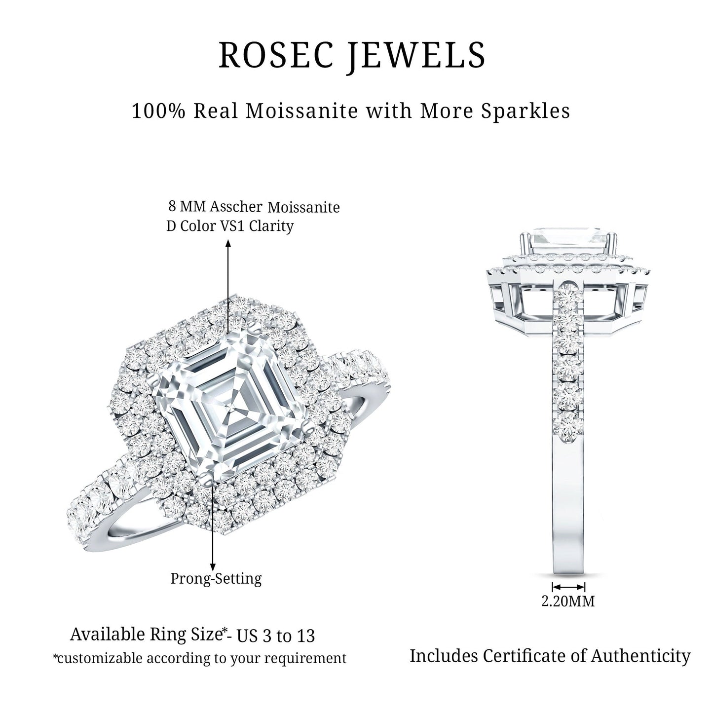 Certified Asscher Cut Moissanite Double Halo Engagement Ring