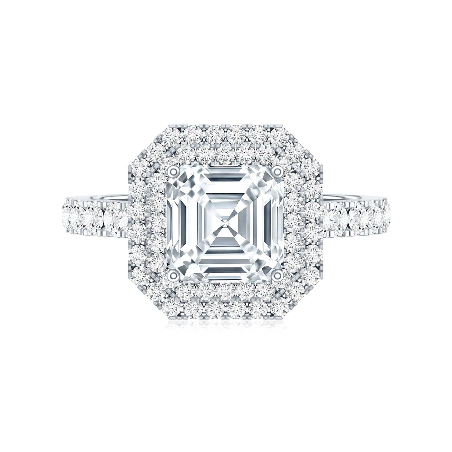 Certified Asscher Cut Moissanite Double Halo Engagement Ring