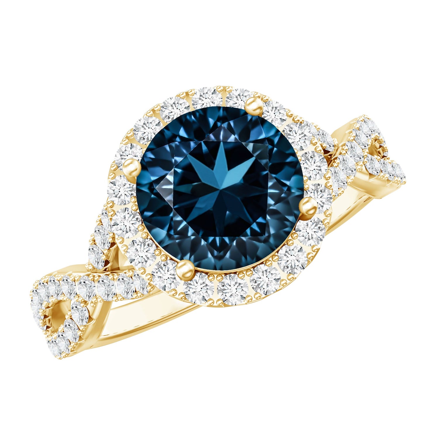 2 Carat Round London Blue Topaz Crossover Engagement Ring with Diamond Halo