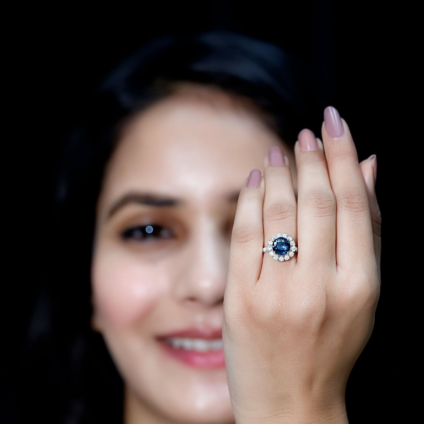 2 Carat Round London Blue Topaz Halo Engagement Ring with Moissanite