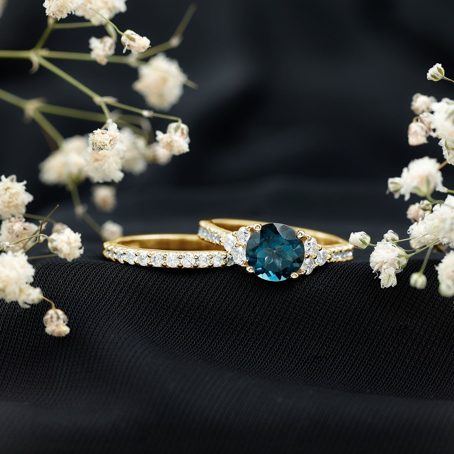 2 Carat London Blue Topaz Ring Set with Wedding Band