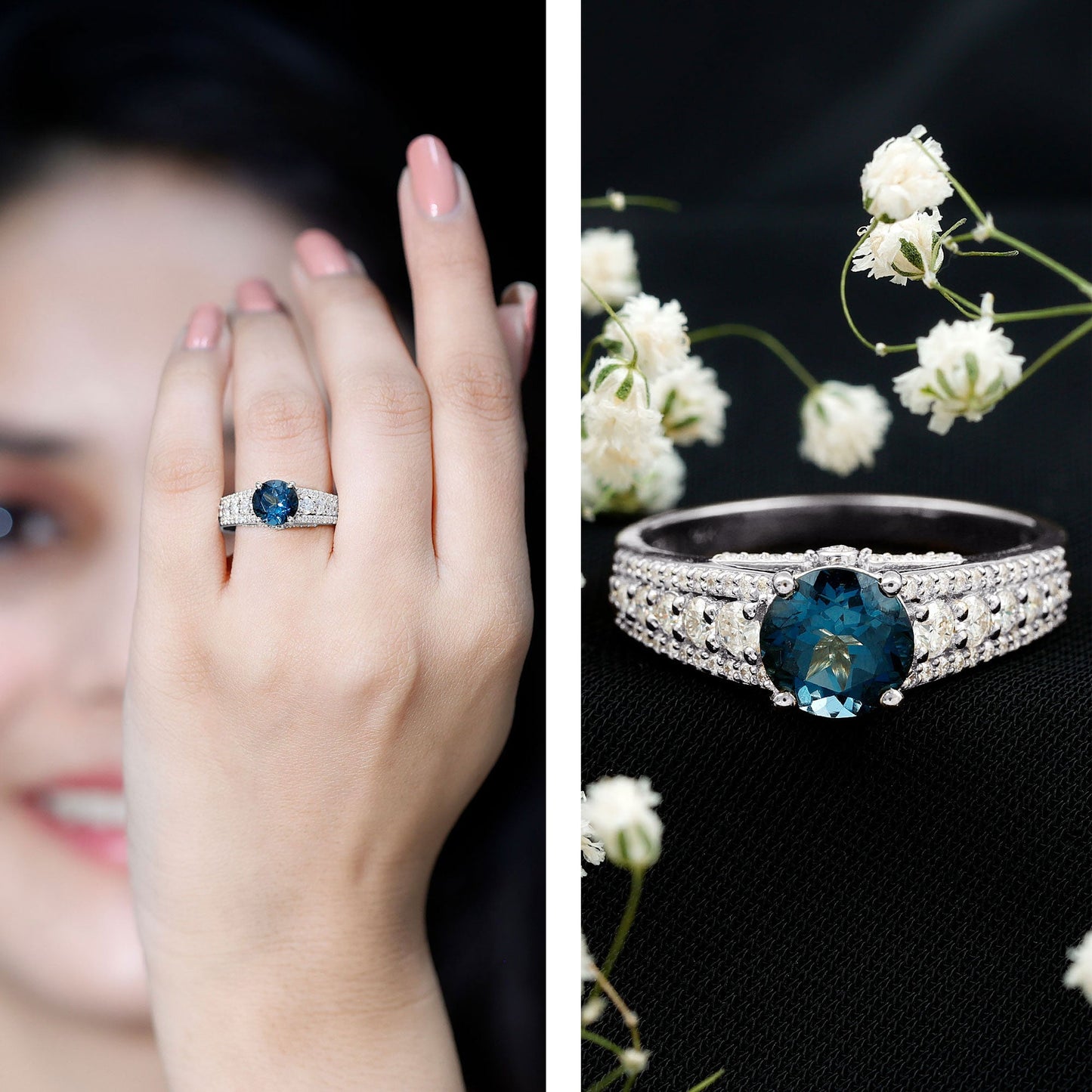 2 Carat London Blue Topaz Statement Engagement Ring with Side Stones