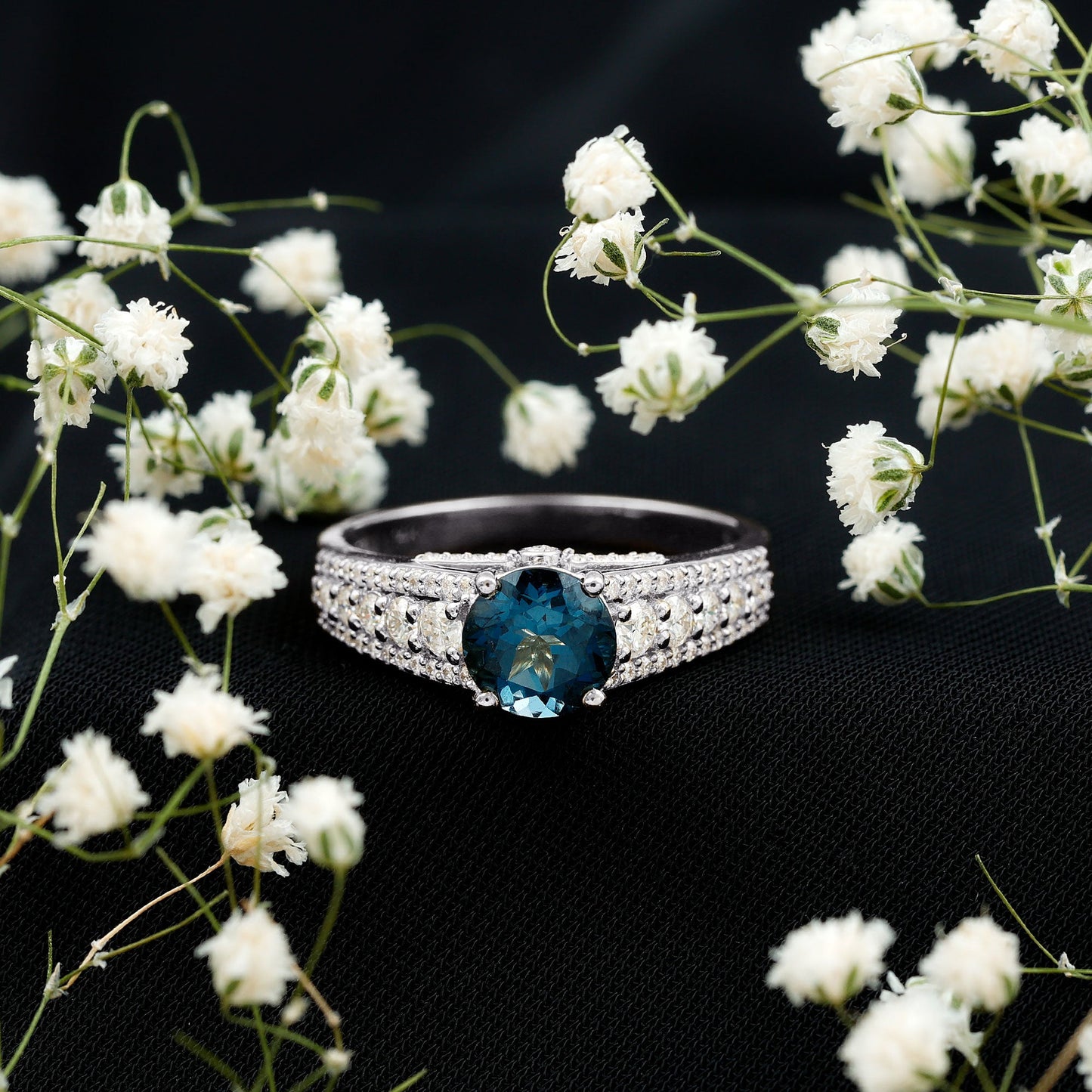 2 Carat London Blue Topaz Statement Engagement Ring with Side Stones